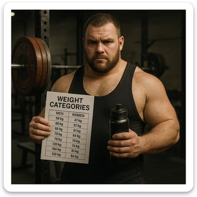 Powerlifter in weight room, holding a weight category chart and a water bottle, determined gaze, preparation atmosphere, realistic details, gym background sticker