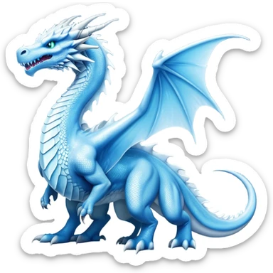 Cinematic Noble beautiful  Ice Dragon full body Emoji, Poised and imposing, distinct long elegant snout, with a slender, scaled body shimmering in glacial hues of icy blue, frostbitten silver, and crystalline white, breathing out frost, with piercing, glowing eyes that radiate the chilling depths of an arctic storm; rendered in detail. displaying its wings sticker