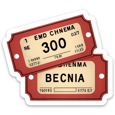 Minimalist emoji-style sticker of an old torn cinema ticket, with faded text “1 билет”, blood-stained edges and burn holes, grayscale paper

 sticker