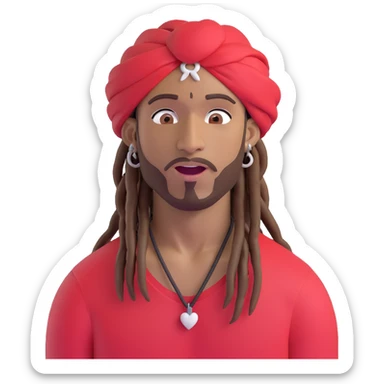 Brownskin man with long brown dreadlocks 
red t-shirt 
white turban 
expression is in love 
his eyes mouth open  sticker