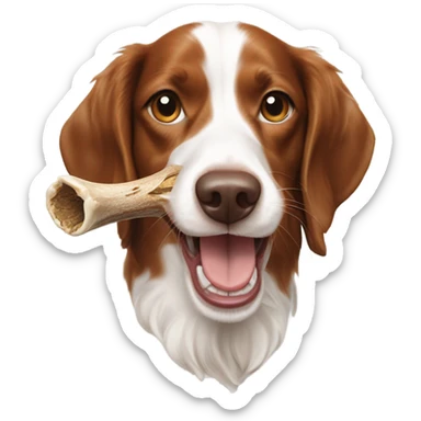 A Brittany spaniel dog eating a deer horn sticker