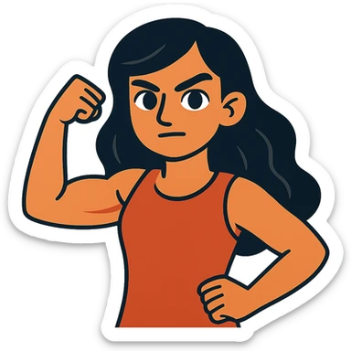 strong girl with brown eyes, flesh-colored skin, long slightly wavy black hair sticker