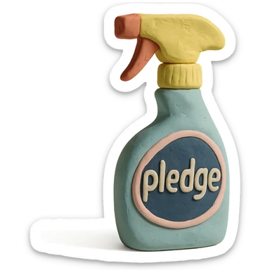claymation style Pledge-inspired furniture polish bottle with a spray nozzle, playful arrangement, pastel palette sticker