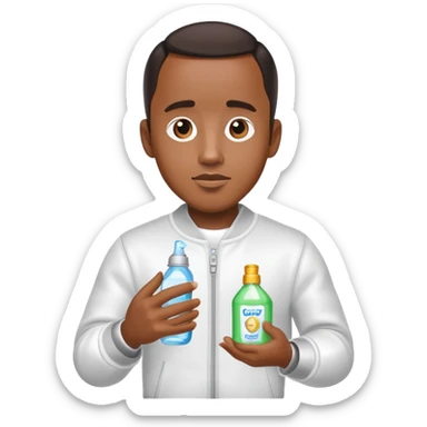 Diddy wearing a party outfit holding baby oil sticker