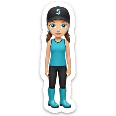 A landscaper in a beautiful turquoise longsleve and turquoise rubber boots, black pants, and a black sleeveless shirt. On her head is a black color Swissotel baseball cap. The girl is a brunette with blue eyes. sticker