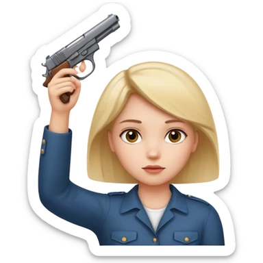 Girl holding hands up to head in shape of a gun sticker