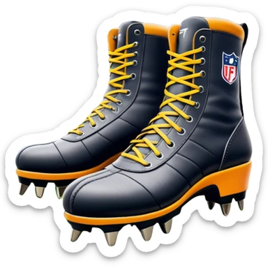 Cinematic Realistic image of a pair of AFL boots, showcasing detailed leather stitching and a rugged sole with fine cleat impressions, captured against a blurred stadium background with high-energy, dynamic lighting sticker