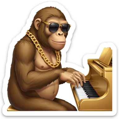 ape with big golden chain on the neck wearing sunglasses plays piano full height sticker