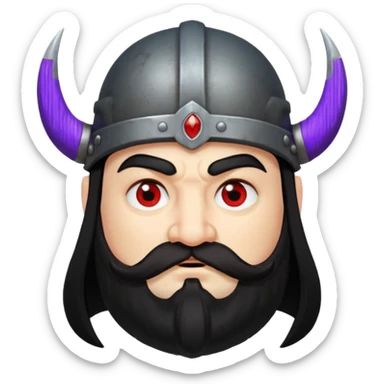 dwarf with viking helmet, red eyes, long black hair, and a black handlebar mustache sticker