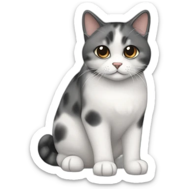 senior chubby diluted calico cat, white chin, black nose, grey ears, grey and white sticker