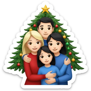 Generate Christmas-style emojis  family. Where light-skinned people stand near the tree all together, hugging and smiling. 2 girl should be Light-haired woman, 1 woman black-haired woman, and add 1 man  sticker