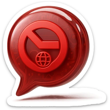 Create a Slack emoji icon in the glossy circuit style as the reference image. Show a minimalist red chat bubble with a red stop sign and a small globe or external link symbol, indicating a conversation blocked by an external party. The icon should be easy to recognize and clear at small size with bold lines and a glossy red chat bubble base. sticker