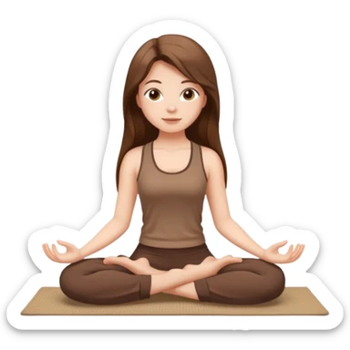 Brown long hair, white skin European girl sitting on a beige rug doing yoga, brown clothes sticker