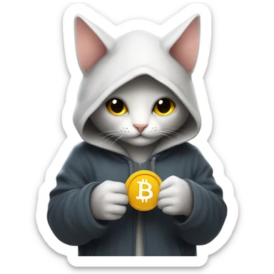 A hooded cat is holding btc in his hand , sweeter and night-themed sticker