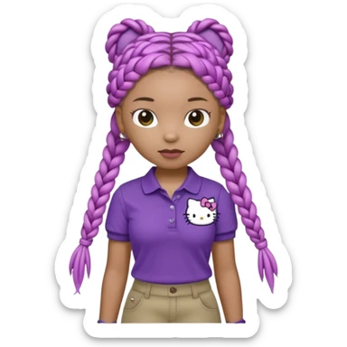 hello kitty wearing purple polo shirt and kyaki pants with long box braids sticker
