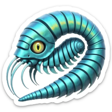 An iridescent, chitinous trilobite with glowing cyan eyes pulses rhythmically as a miniature black hole orbits its brow, distorting space-time. Its fractal-patterned exoskeleton shifts colors unsettlingly, and its mouth opens into a spiraling void that hums with forgotten whispers. sticker