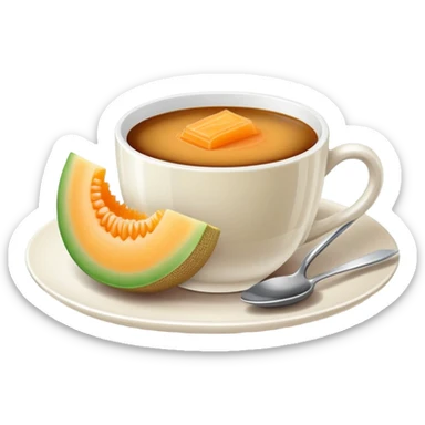 carajillo in a small espresso coffee cup with a slice of cantaloupe melon on the side sticker