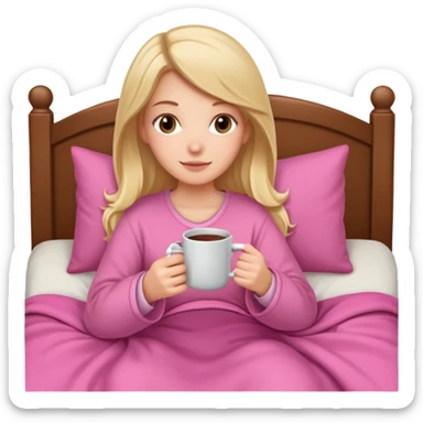 A white girl in bed with a pink blanket on her lap holding a mug sticker