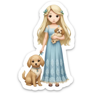 Pastel anime lady long hair with long lace dress full body holding puppy sticker