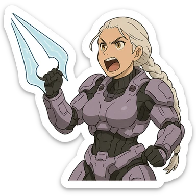female, wearing reach spartan armor default, long white braid hair, gold yellow eyes, attention pose, HALO:series, no helmet, the armor is lavender color scheme, shoulder pad off. DDD bust size fitting. Punk gothic cyberpunk, brandishing a covenant energy sword, preparing to swing and yelling sticker