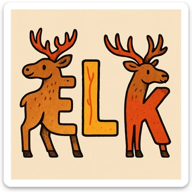 The word ELK spelled out in creative, bold letters, each letter designed to resemble an elk or have elk antlers, playful and eye-catching. sticker