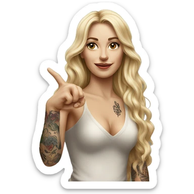 Blonde elegant women with LONG HAIR, her Body Covered with Tattoos, POINTING YOU FORWARD with her HAND with INDEX FINGER, Hyper realistic sticker