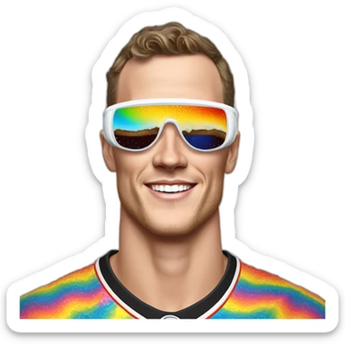 Fancy disco Jonathan Toews wearing rainbow lace shirt and wearing VR glasses and eating a moon pie sticker