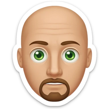 white caucasian bald man's face, with brown goatee and green eyes, oval face, rounded, big sticker