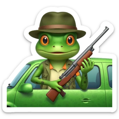 Frog with gun in back seat on moving van sticker