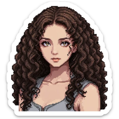 girl with longer curly hair parted on the side, dark eyes and light makeup sticker