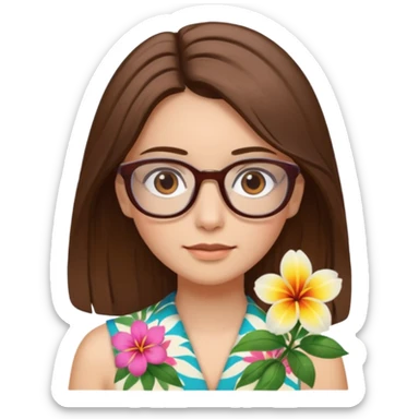 Hawaii female with fair skin. Shoulder length straight brown hair. Brown eyes with glasses. Hawaiian Flower in hair sticker