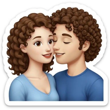 A couple kissing, the man would be white-skinned, curly, brown-hair. The serious woman with white skin, brown color sticker
