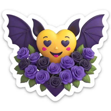 3D emoji gothic heart, dark purple velvet, silver bat wings, tiny black roses sticker