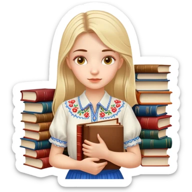 A Ukrainian girl in an embroidered shirt holds many books sticker