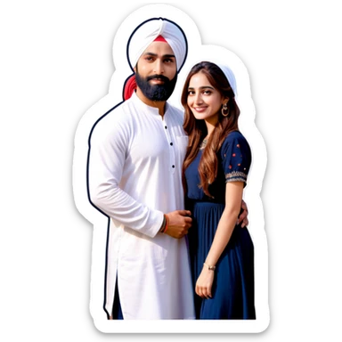 Punjabi men in white turban girl next to him, girl is very beautiful with long brown hair and white skin wearing beautiful dress sticker
