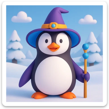 Make a snowy landscape background behind the penguin wizard, keep all original colours and lighting in 3d emoji style sticker