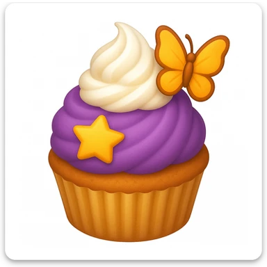 Add a swirl of whipped cream and a butterfly decoration to the cupcake with purple frosting and a star-shaped candy in emoji style. sticker