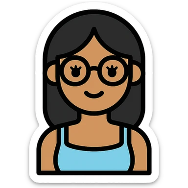 light brown girl with long eyelashes, black medium hair, clear glasses, cute light blue tank top with spaghetti straps, lineal color icon with black outlines sticker