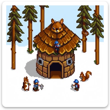 squirrel hut under construction with four workers sticker