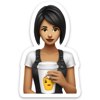 chica morena con flequillo negro tomándose un café  sticker