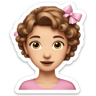 A cute young woman with brown hair and many small pink bows and sparkles around her sticker