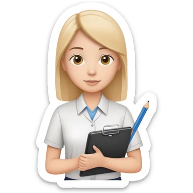 intern or volunteer holding a clipboard and pencil, ready to take notes or assist. The character wears a simple shirt and has an eager posture sticker