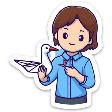 A happy Ukrainian young girl with brown hair in a white embroidered shirt holds an origami blue crane sticker