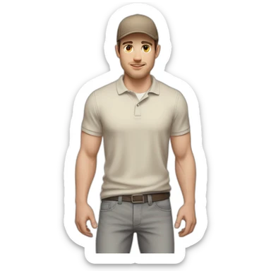 Pale skinned fit Man with dark brown hair in a beige cap, gray jeans, brown polo and white T-shirt keeping a pasted with tape white box into his hands sticker