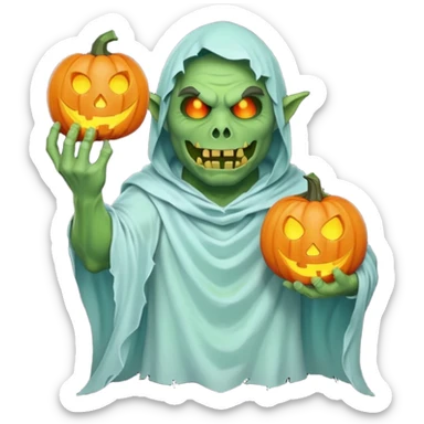 male orc ghost emoji, green skin, tusks, wearing torn white ghost sheet costume, holding glowing jack-o'-lantern, faint blue aura, friendly but spooky expression, Halloween fantasy theme, Apple emoji style, clean white background, square sticker