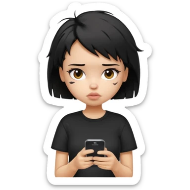 generate a pretty bratz girl with short black very messy hair, looking tired and using her phone, wearing an oversized black tshirt sticker