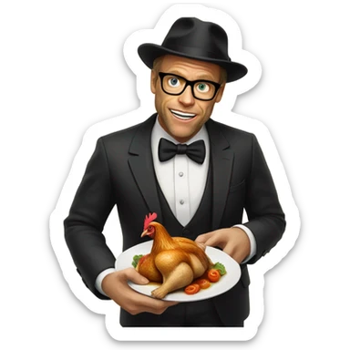 Alton brown wearing black bowler hat eating a roasted chicken sticker