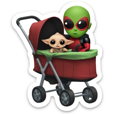 Deadpool pushing baby Yoda in his stroller sticker