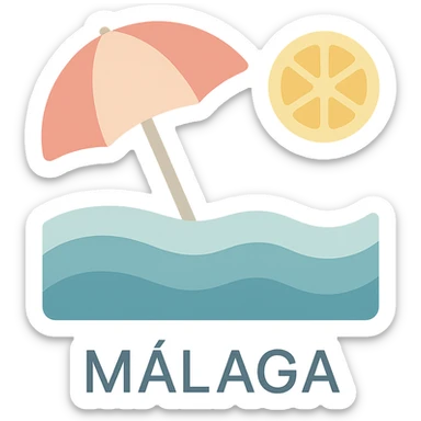 icon of Málaga showing a beach umbrella, waves, and a lemon slice, playful colorful icon style sticker