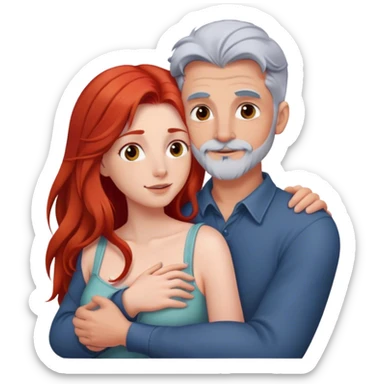 Long red hair woman and young gray hair man with facial hair hugging sticker